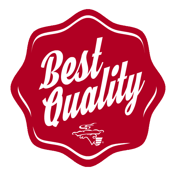 a red and white label with white text